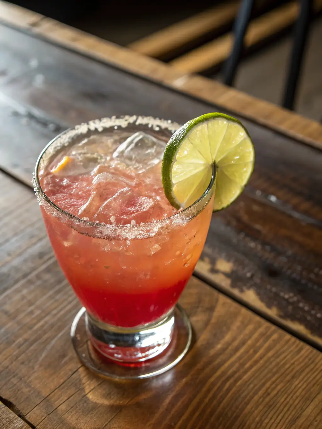 A vibrant image of a signature cocktail with a view of the city skyline in the background.