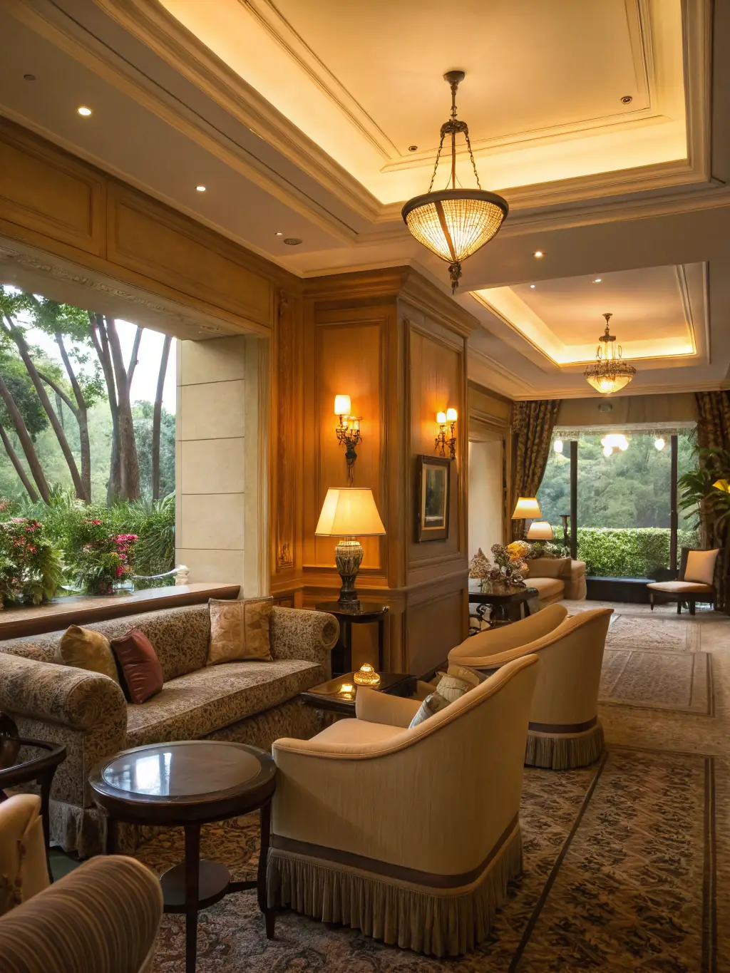 An elegant image of the luxurious lounge area with plush seating and attentive staff serving guests.
