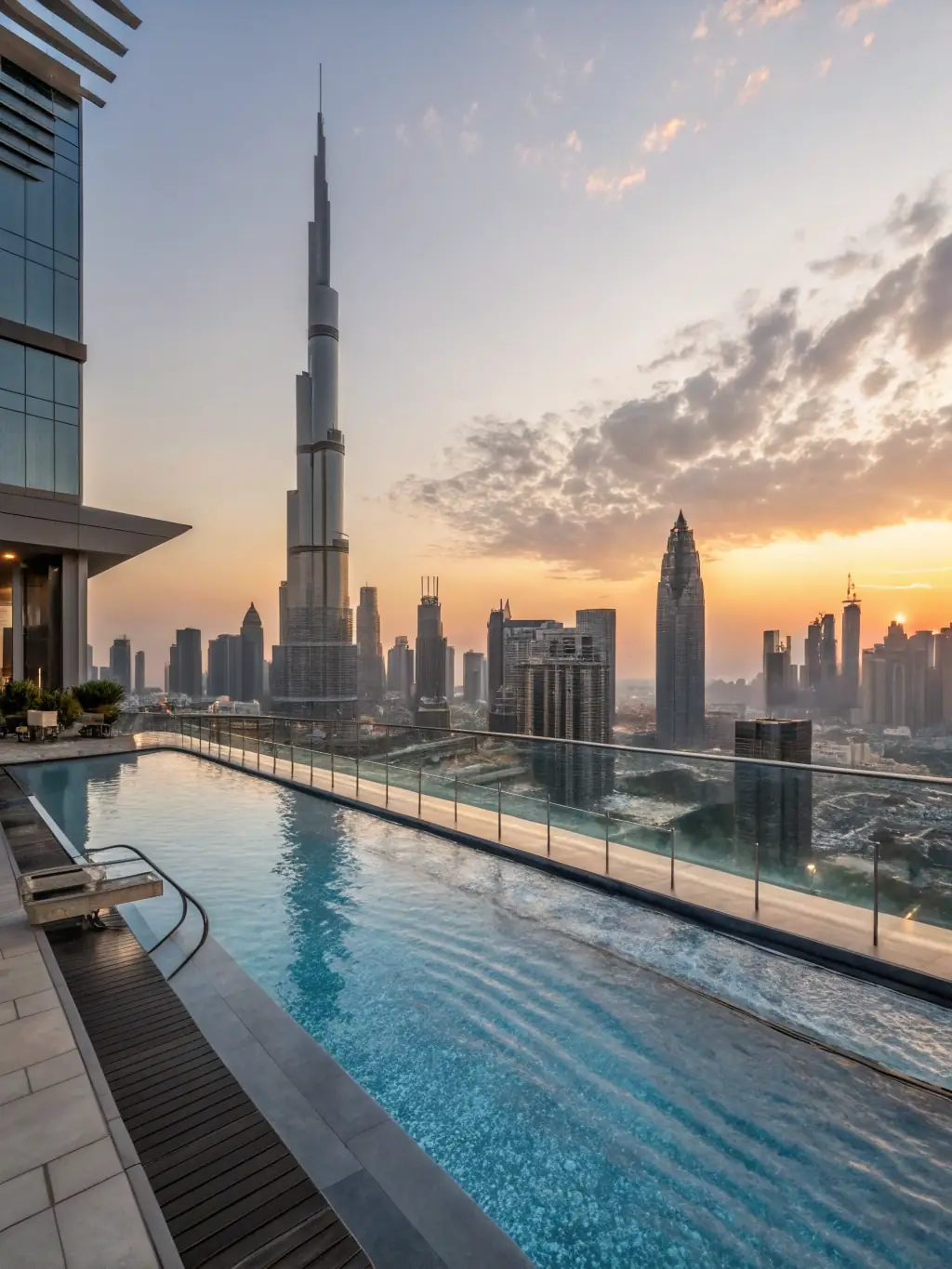 A breathtaking image of the infinity pool overlooking Dubai’s skyline at sunset, with shimmering water and city lights.
